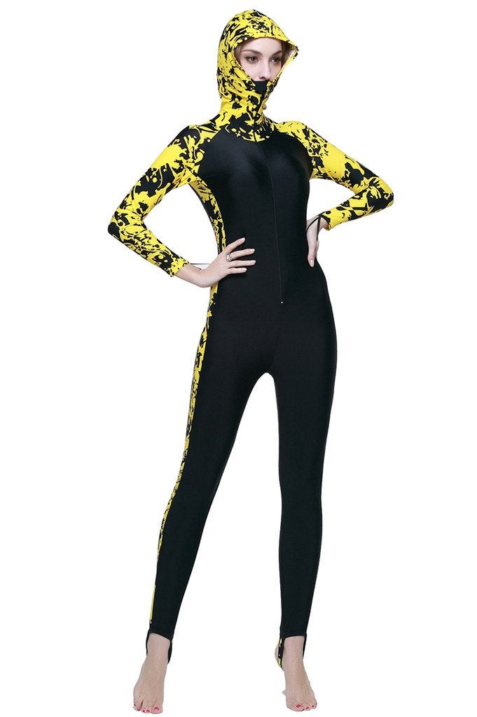 Micosuza One-Piece Rash Guard Swim Surfing Suit Swimsuit for Women Long Sleeve Yellow and Black - Image 1